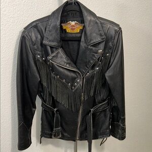 Vintage Harley-Davidson Women's Black Leather Fringe Jacket . heavy Large